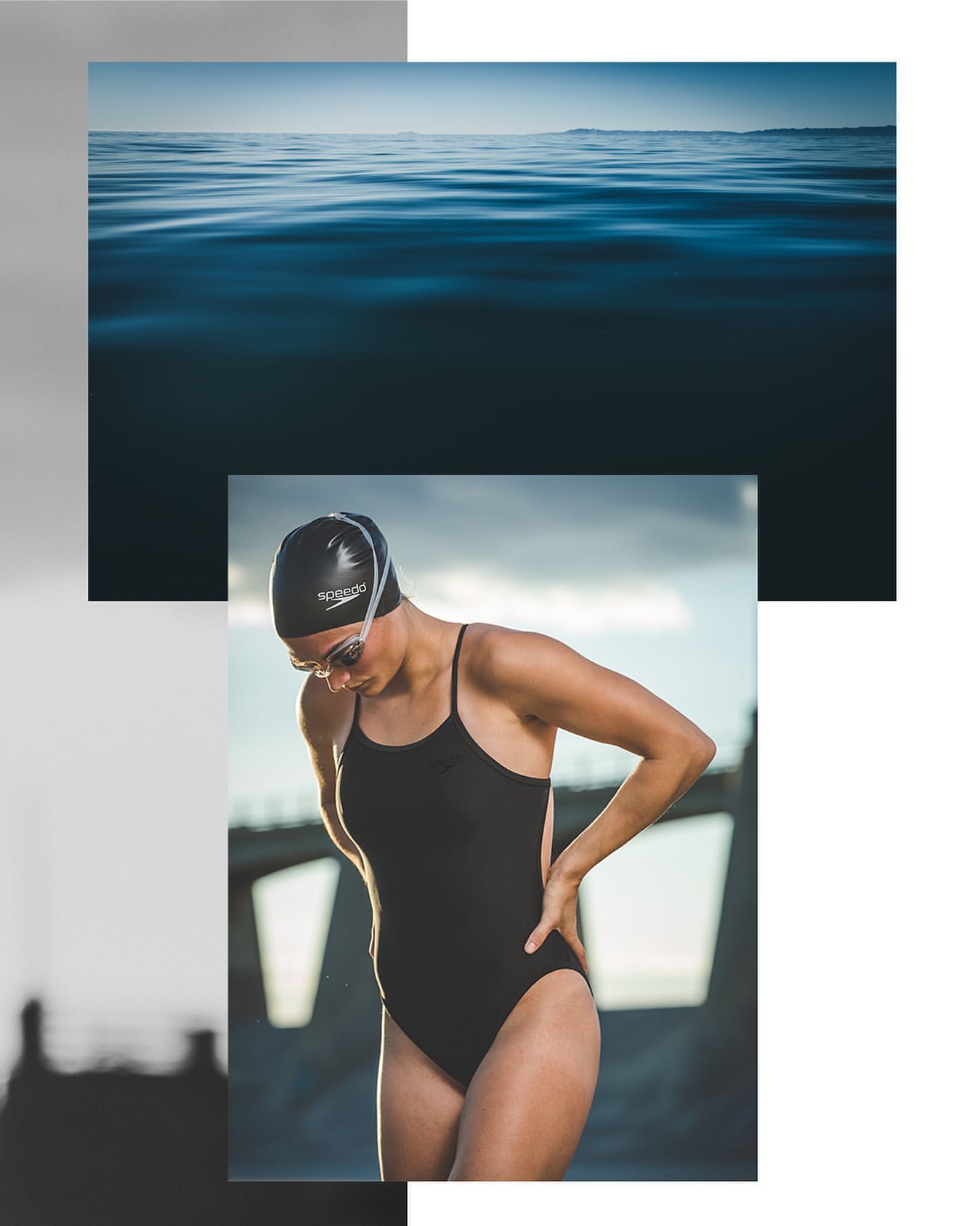 A woman in a black swimsuit, cap, and goggles is featured with an ocean view, creating a striking image with a focus on athleticism and nature.