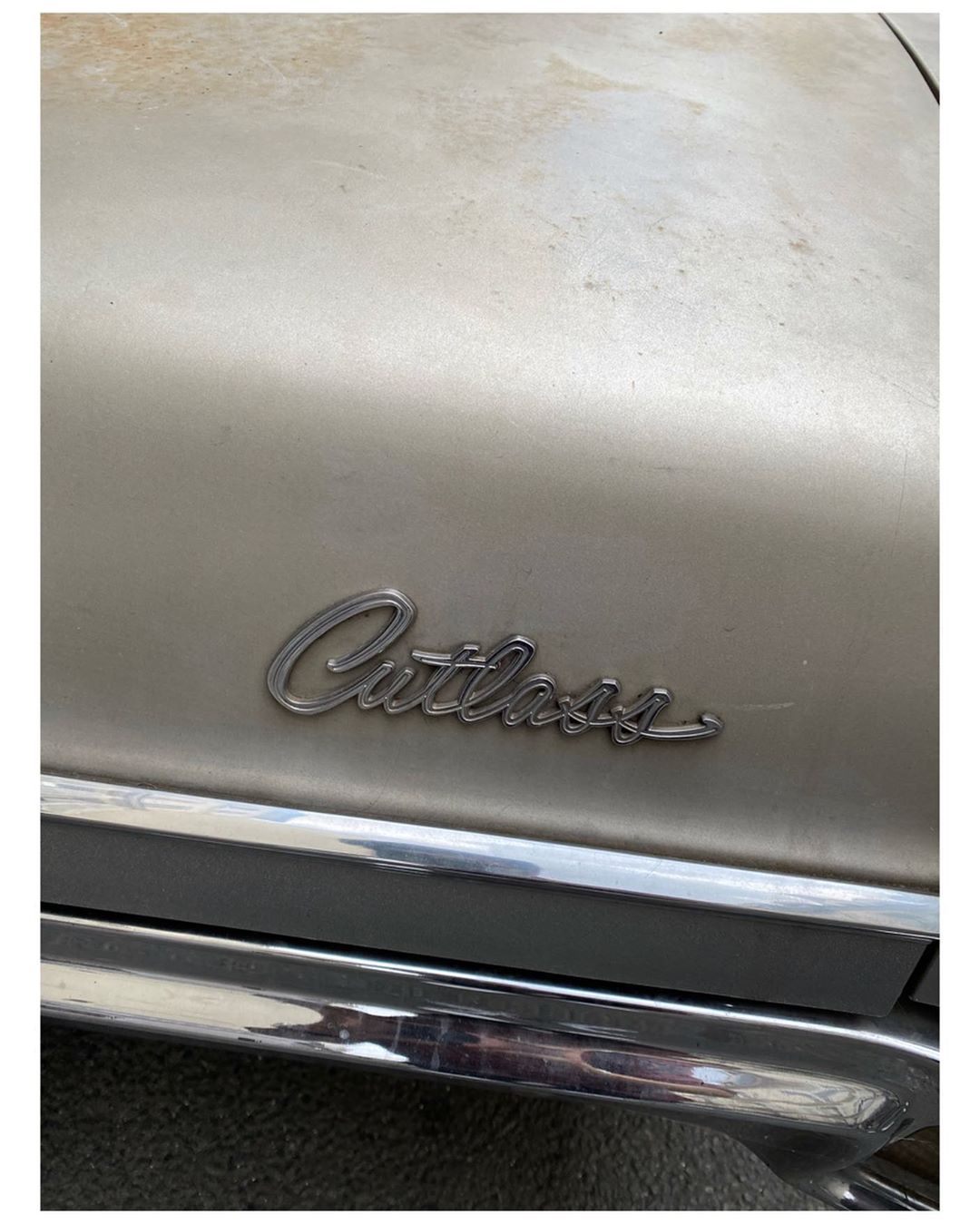 Close-up of a vintage silver Oldsmobile Cutlass car hood with the model name badge and shiny chrome bumper, showcasing classic automotive design.