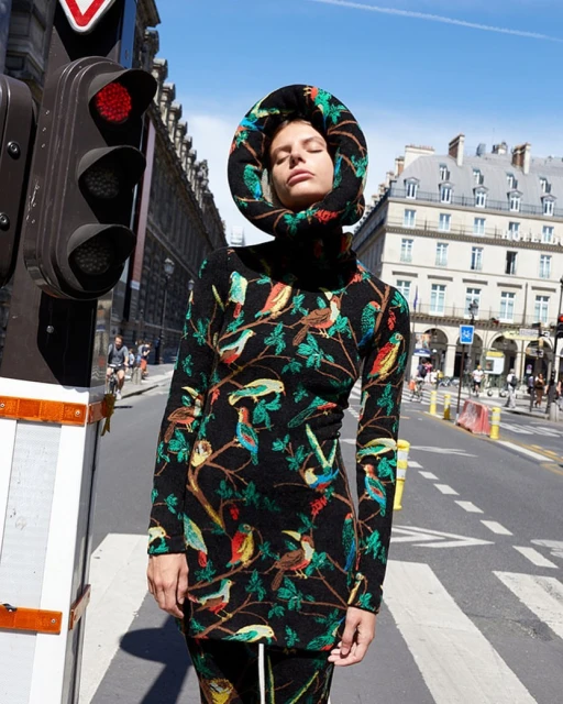 Adult female fashion model wearing bird-patterned dress stands on Paris street with traffic light. Clear sky, urban background.