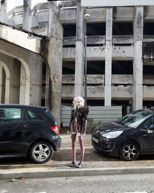 Fashionable young woman poses in a black jacket and maroon skirt between two cars near an aged, concrete parking structure on a city street.