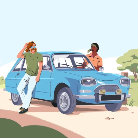Illustration of two individuals with a light blue vintage car in a sunny, outdoor setting with a grassy landscape and a clear sky.
