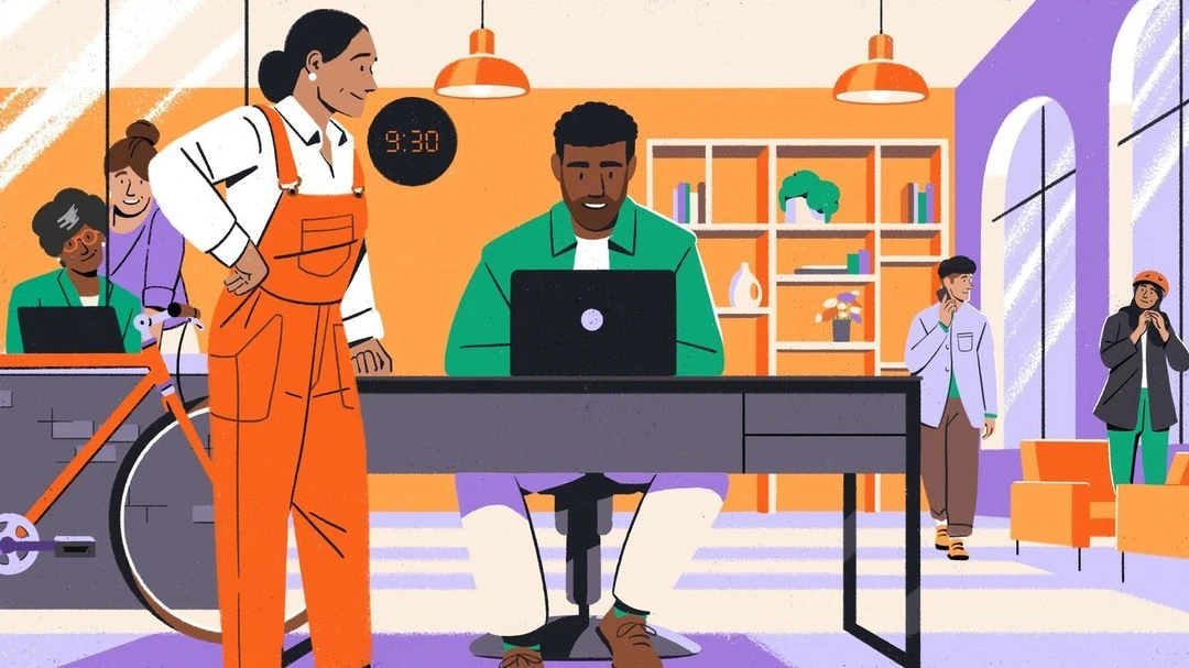 Illustration of diverse office workers in a modern workspace: a woman in overalls, a man on a laptop, and others in the background.