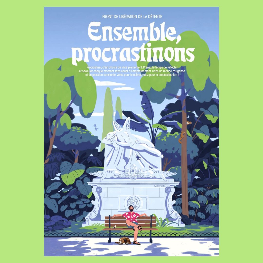 Whimsical illustration of a man relaxing on a park bench with his dog near a sculpture, against a lush backdrop of trees.