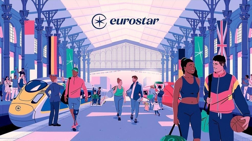 Illustration of passengers on a train platform with flags of different countries, Eurostar train and logo, and modern architecture.