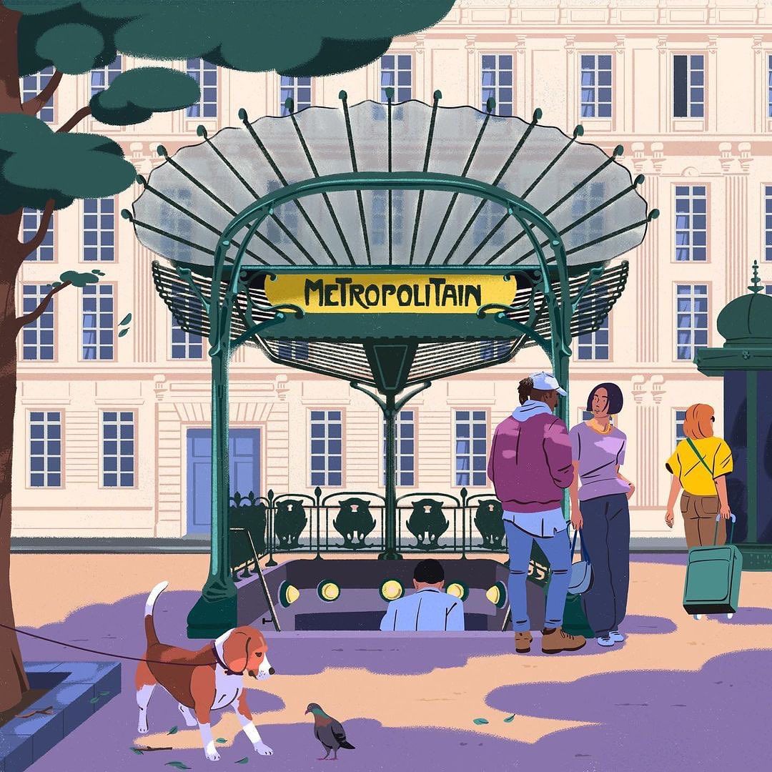 Illustration of a Paris Métropolitain entrance with people, a dog, and a pigeon in the foreground, set against a Parisian building backdrop.