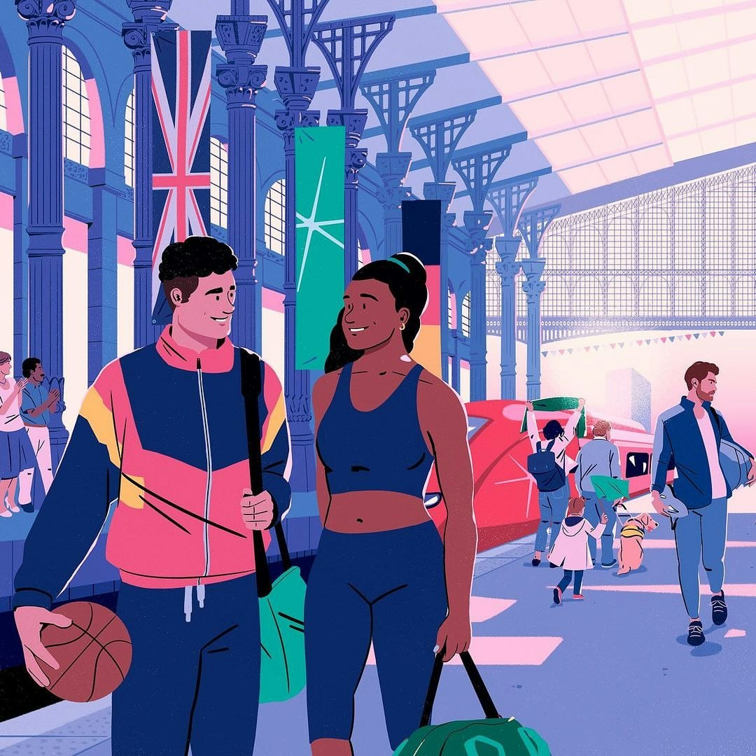 Illustration of a man and woman at a train station with country flags in the background, walking toward a red train with other people.