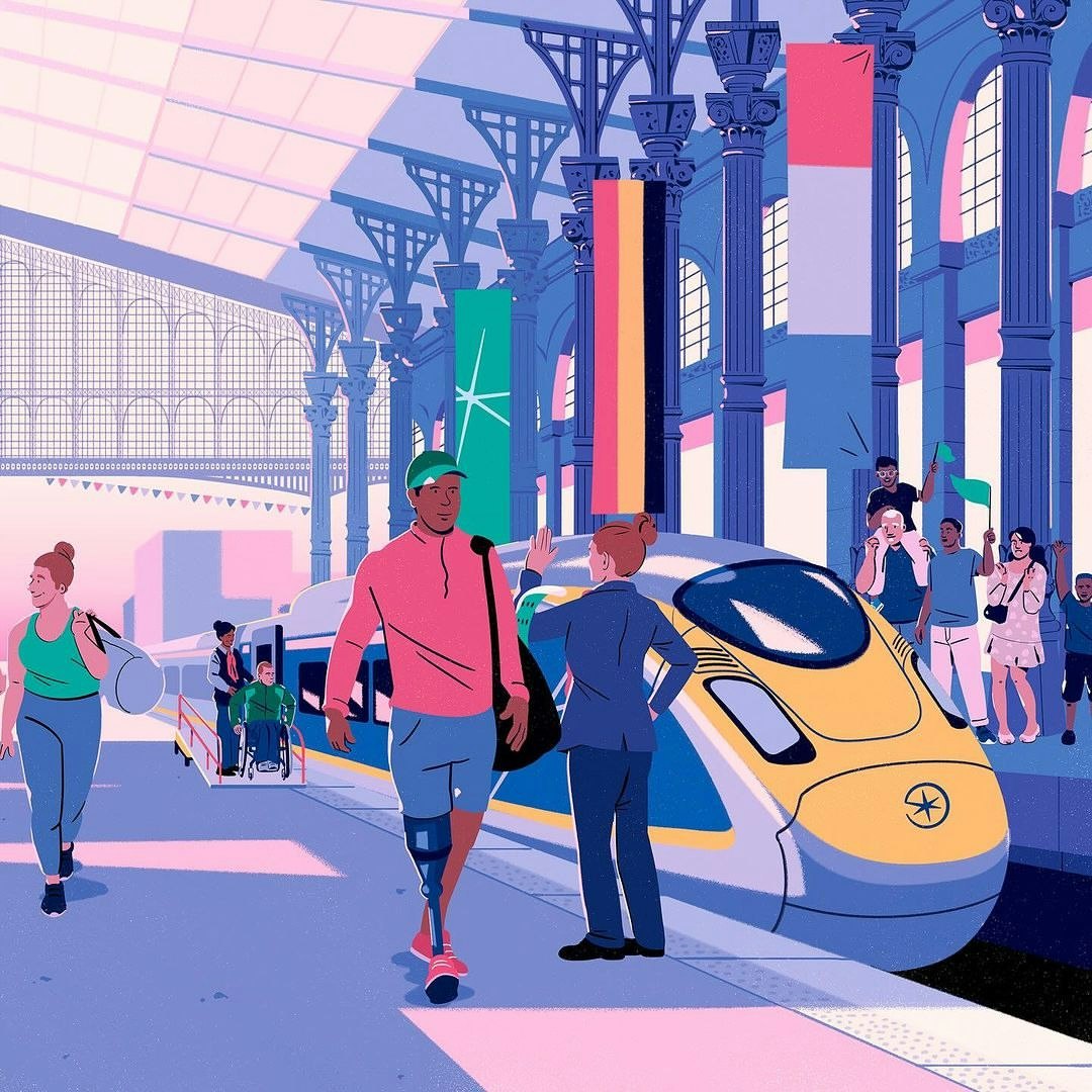 Illustration of diverse people at a train station with a modern train, waving flags, and architectural details, suggesting travel and inclusivity.