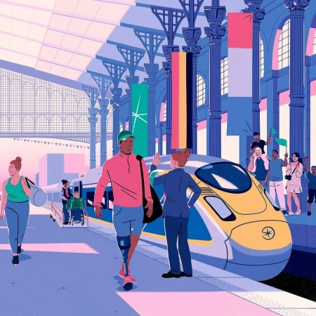 Illustration of diverse people at a train station with a modern train, waving flags, and architectural details, suggesting travel and inclusivity.