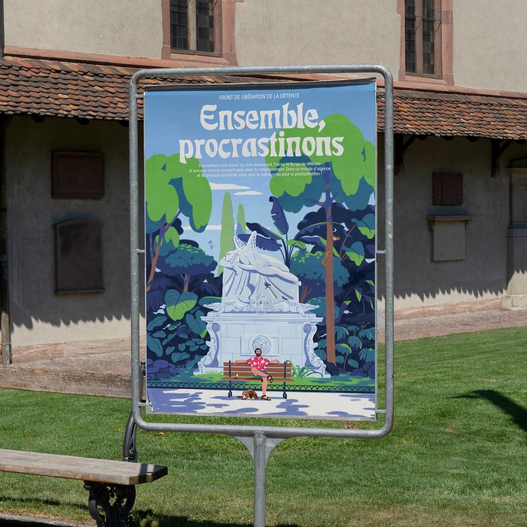 Outdoor poster displaying a park scene with a man sitting on a bench near a statue and lush trees on a sunny day.