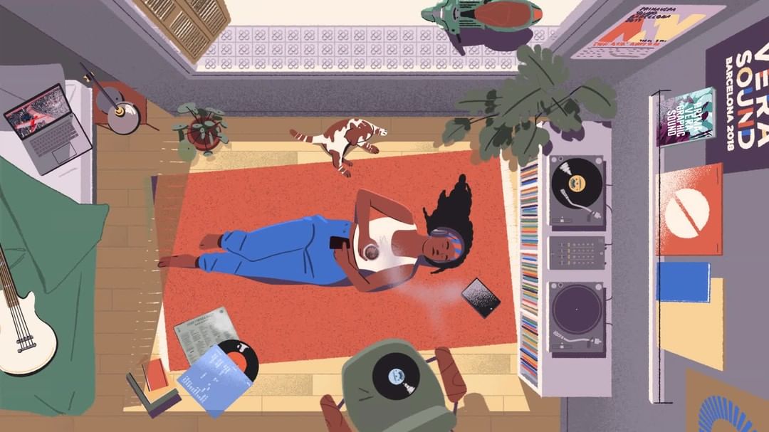Illustration of a woman listening to music in a room with records, speakers, laptop, and plants from an overhead perspective.