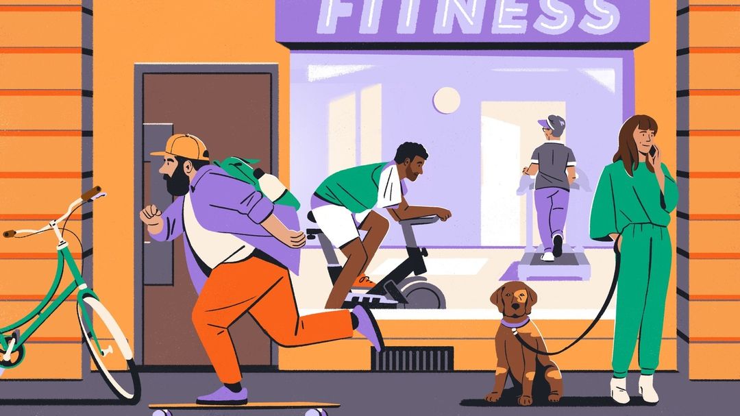 Illustration of people exercising outdoors and in a fitness center, with a bicycle and dog, rendered in a graphic novel style.