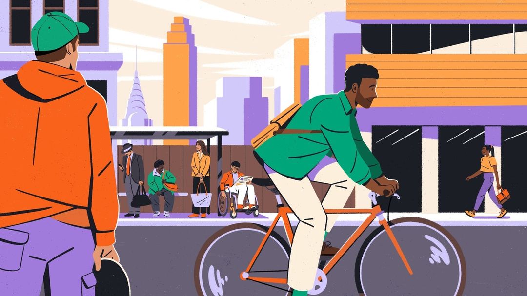 Illustration of a city street with a cyclist, pedestrians at a bus stop, and buildings in the background on a sunny day.