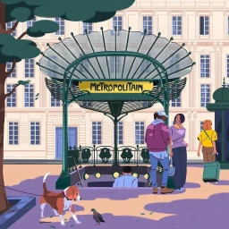 Illustrated Paris metro entrance with people, a beagle dog, and a pigeon on the street by Fagostudio