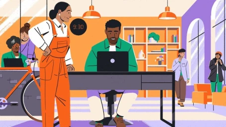 Digital illustration of an office interior with diverse colleagues working, by Paris illustrator Fagostudio.