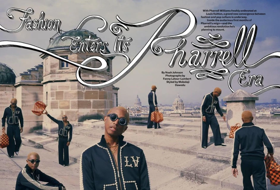 Editorial fashion shot of Pharrell Williams on a rooftop in a black tracksuit with checkerboard bags, cityscape, architectural details.