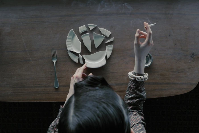 Top-down view of a person seated at a dark wooden table with broken ceramic plate shards, a fork, and a smoking cigarette.