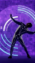 A dancer wearing a motion capture suit with glowing tracking nodes poses against a vibrant purple dotted digital background screen.