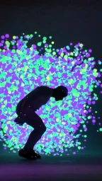Silhouette of a man crouching against an illuminated backdrop of glowing purple and green dots.