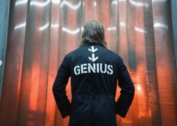 Person with long hair seen from behind wearing a dark jumpsuit with the word GENIUS printed on the back against a translucent orange background.