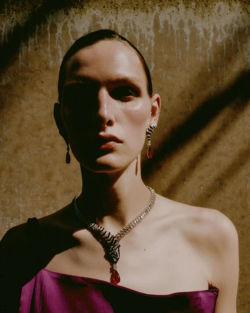 A model poses in an indoor fashion shot with bright magenta top, wearing statement necklace and earrings in front of textured wall.