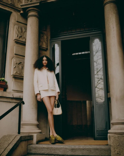 An adult female in a short white skirt suit stands on stone steps outside a building with columns, holding a purse and wearing platform shoes.