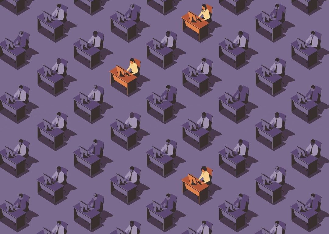 Illustration of office workers sitting at desks with computers, repeating pattern, with select individuals highlighted in contrasting colors.