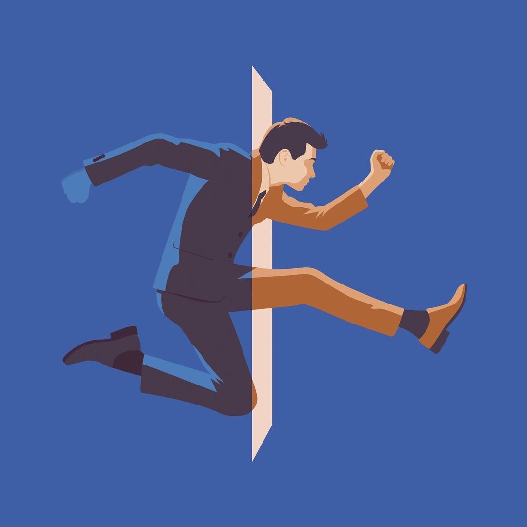 Illustration of a businessman leaping through a doorway, transition from professional attire to business casual, against a blue background.