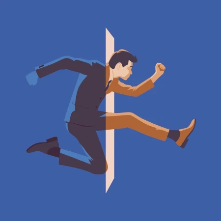 Illustration of a businessman leaping through a doorway, transition from professional attire to business casual, against a blue background.