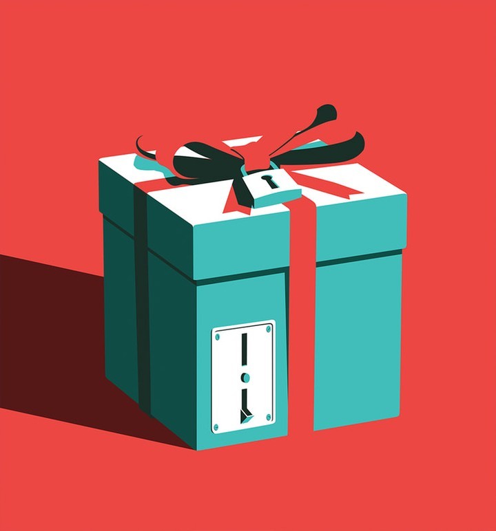 Illustration of a teal gift box wrapped with red ribbon and topped with a black bow, featuring a functional switch on the front.