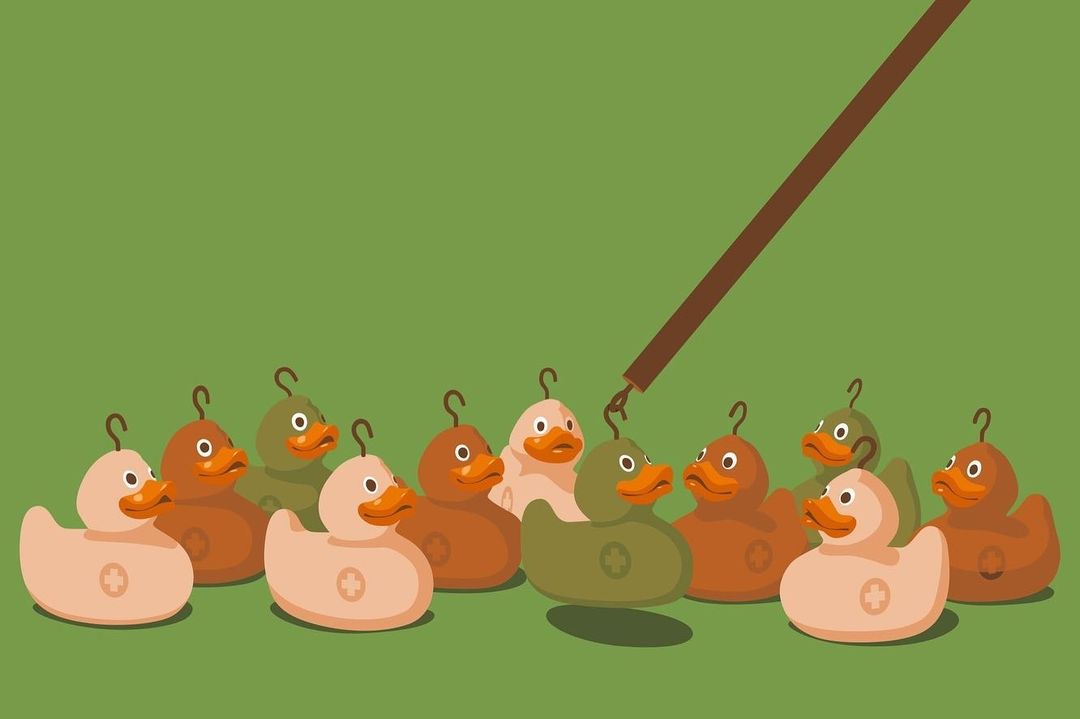Illustration of rubber ducks of different colors being picked up by a long pole against a solid green background.