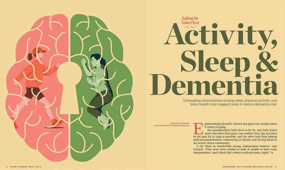 Conceptual illustration of a woman running inside a pink brain half and a woman sleeping inside a green brain half, connected by keyhole.