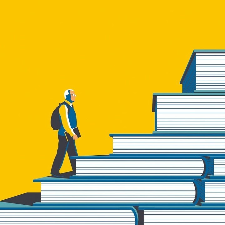 Illustration of an adult walking up a staircase made of books against a solid yellow background, wearing a backpack.
