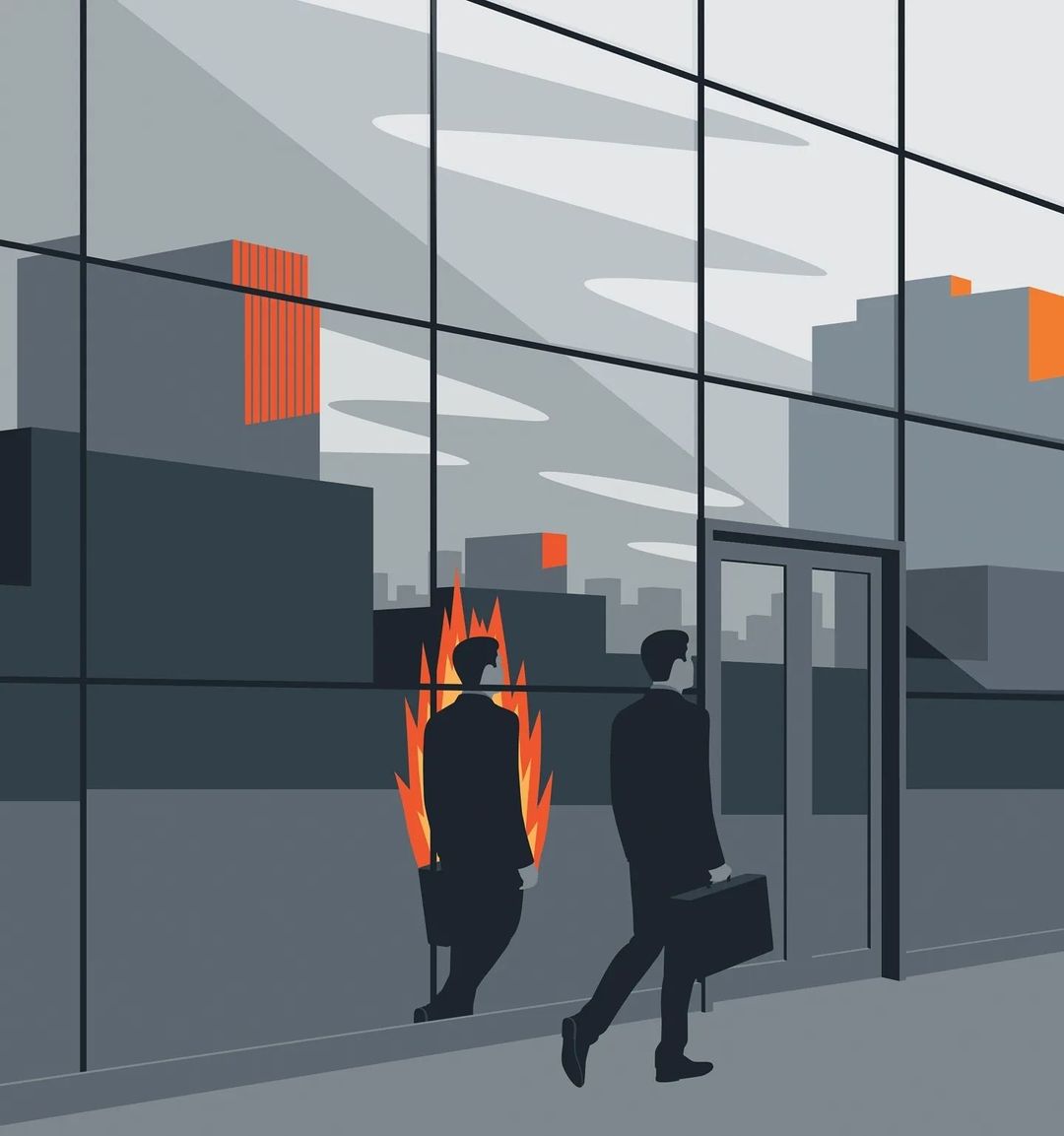 Illustration of a man on fire reflected in the window of an office building as another man walks past with a briefcase.