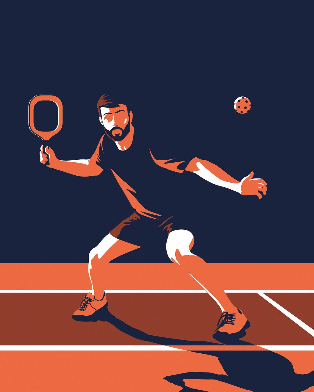 Illustration of a bearded man in sportswear poised to strike a pickleball with a paddle on an orange-and-navy court.