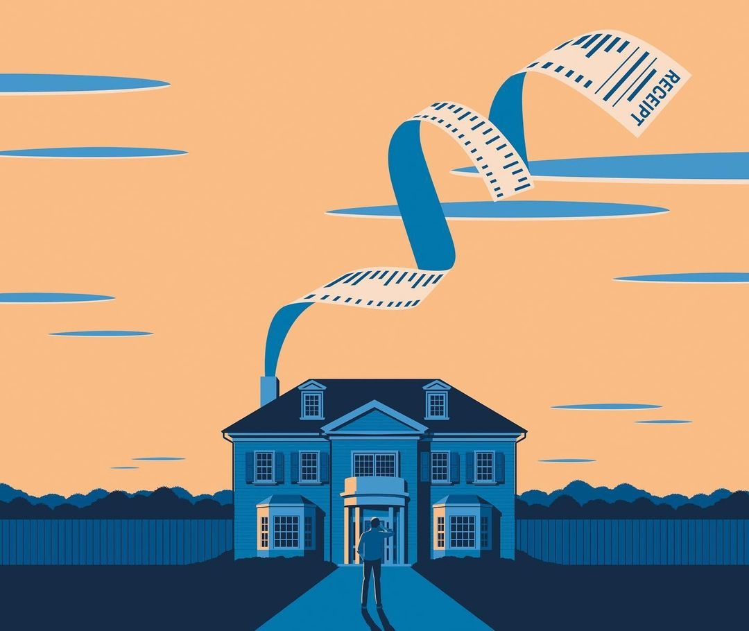 Illustration of a blue two-story house with a long receipt coming out of the chimney, standing in front of a peach-colored sky.