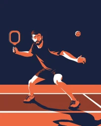 Digital illustration of a bearded man playing pickleball, holding a paddle on a court with a ball mid-air