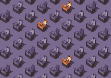 Isometric illustration of numerous office workers at desks with purple background and highlighted yellow desks