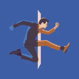 Illustration of a businessman in a suit leaping across a vertical split background by Federico Gastaldi.