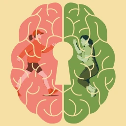 Digital illustration of a human brain split into red and green hemispheres with two figures and a central keyhole shape.