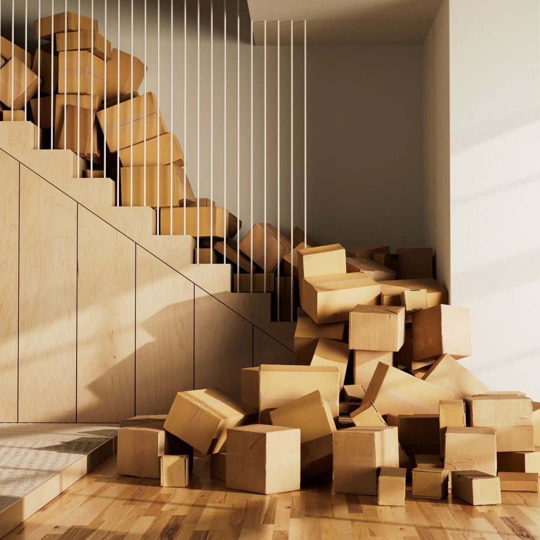 Cardboard boxes cascade down wooden stairs indoors with white railing, creating an organized mess and architectural detail.