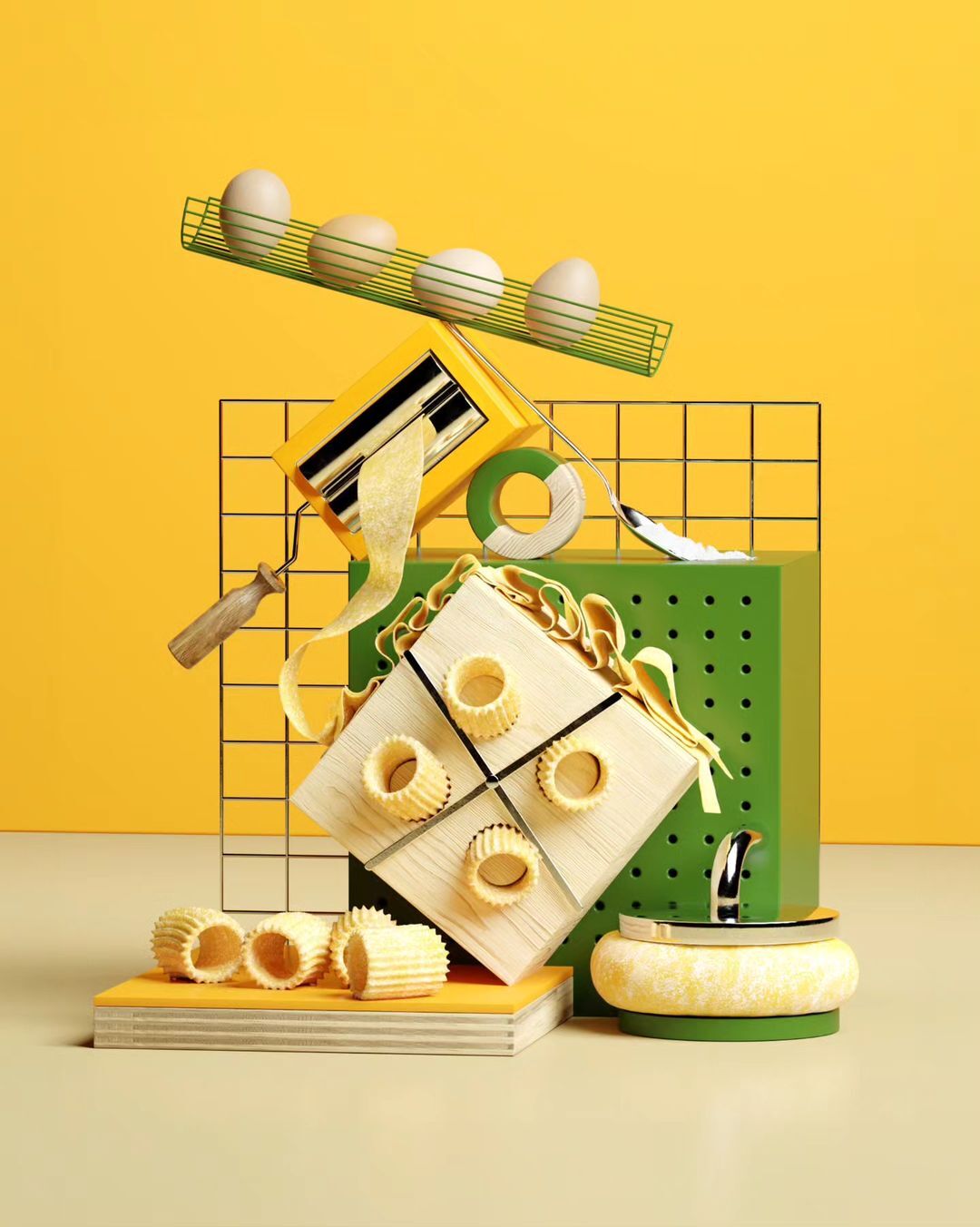 Studio shot of eggs on a wire rack, paint roller, wooden block and other objects against a yellow backdrop in a playful composition.