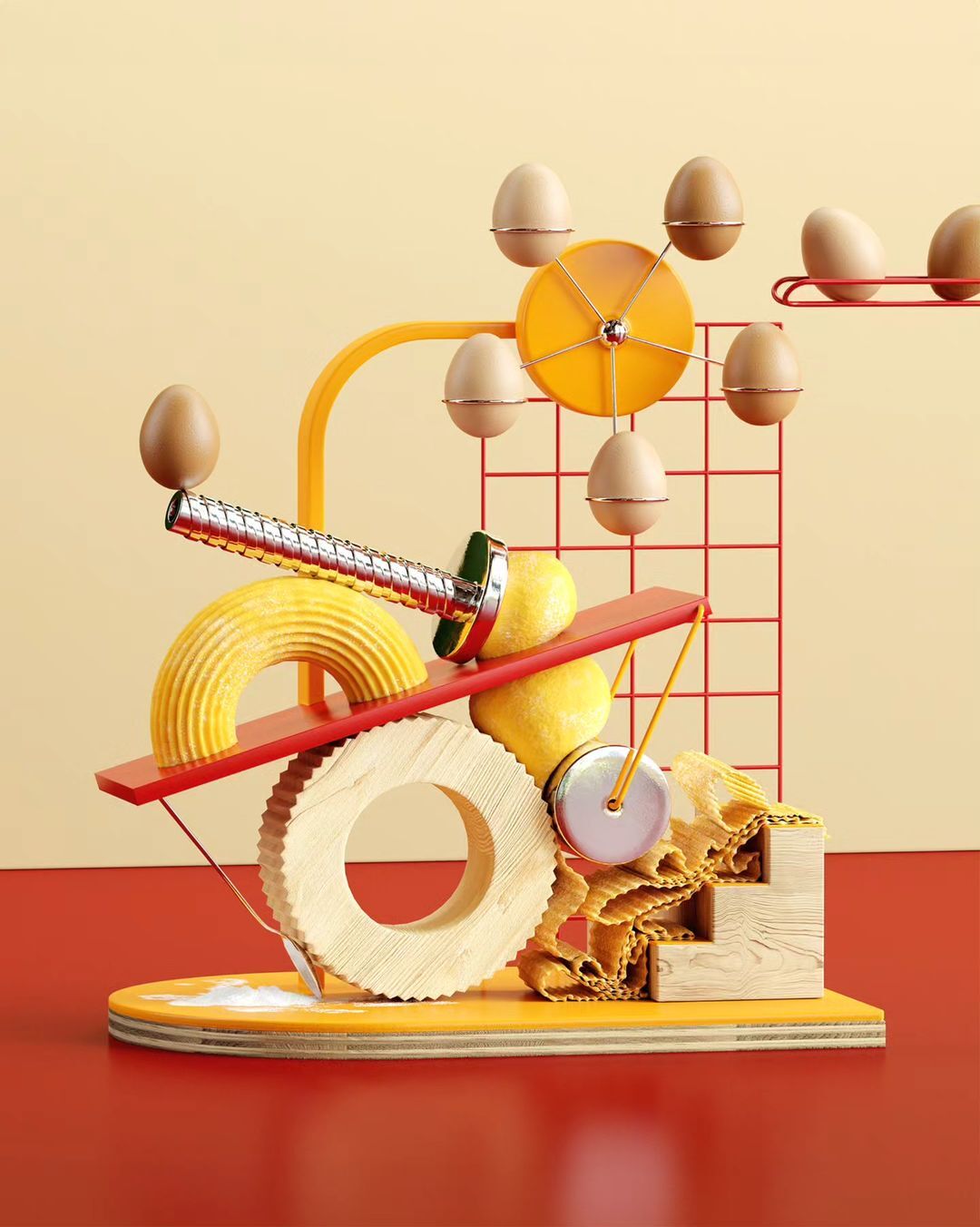 Whimsical still life of eggs, lemons, pasta, and geometric shapes in a balanced arrangement against a pastel yellow and red backdrop.