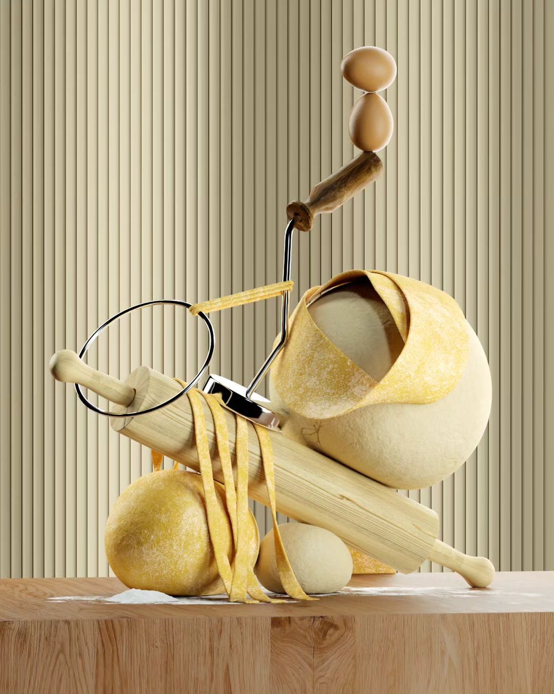 Still life with dough, eggs, rolling pin, and pasta maker on a wooden table against a beige ribbed background. Food photography.