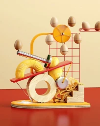 CGI sculpture of a Rube Goldberg machine with eggs, pasta, lemons, and wood elements on a red base.