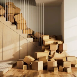 CGI artwork by Federico Piccirillo showing cardboard shipping boxes cascading down wooden stairs and piling on a hardwood floor.