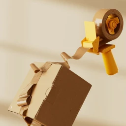 Yellow tape gun dispensing brown packing tape onto a floating cardboard box against a monochrome background.