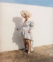 Performer in elaborate white wig and silver patterned coat standing against an exterior white wall in London.