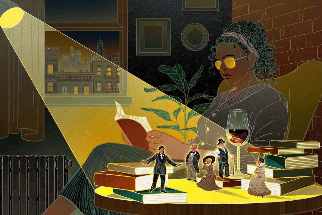 Illustration of woman reading a book at a table with a glass of wine and miniature figures, highlighted by spotlight, cityscape backdrop.