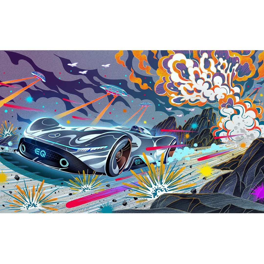Illustration of futuristic car speeding through a desert landscape with flying objects and explosion in the background, rendered in a cartoon style.