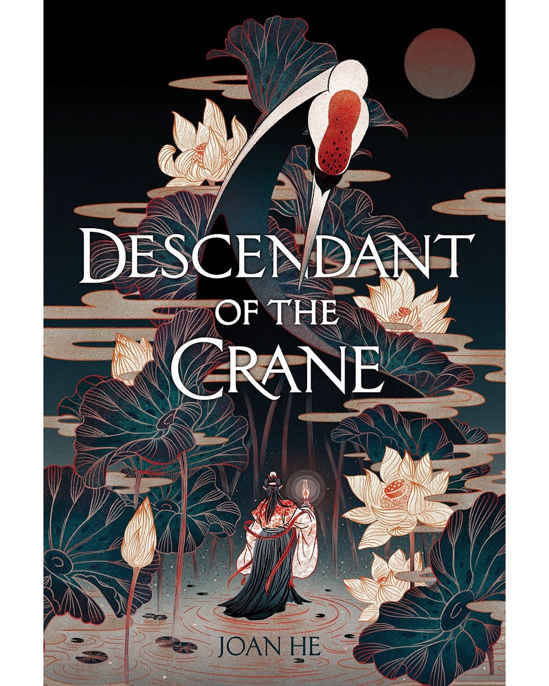 Book cover art for Descendant of the Crane featuring a crane, water lilies, and a person in traditional garb in a serene pond.